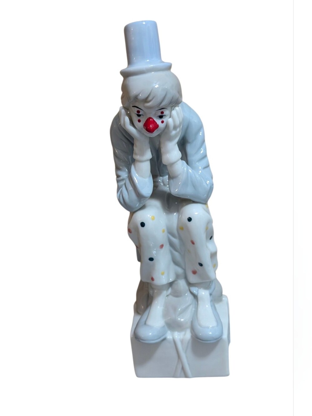 Vintage Spanish Porcelain Sad Clown Figurine - Mid-Century Pensive Seated Pastel